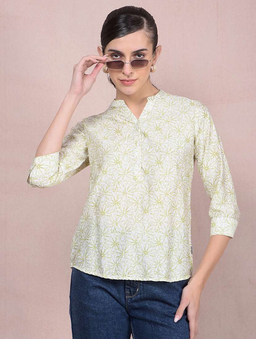 women printed mandarin neck regular top