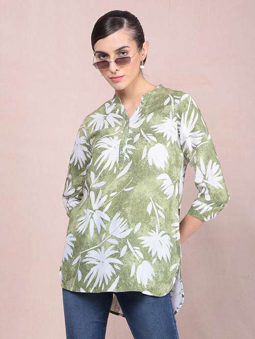 women printed mandarin neck high low kurti - 21854912 -  Standard Image - 0