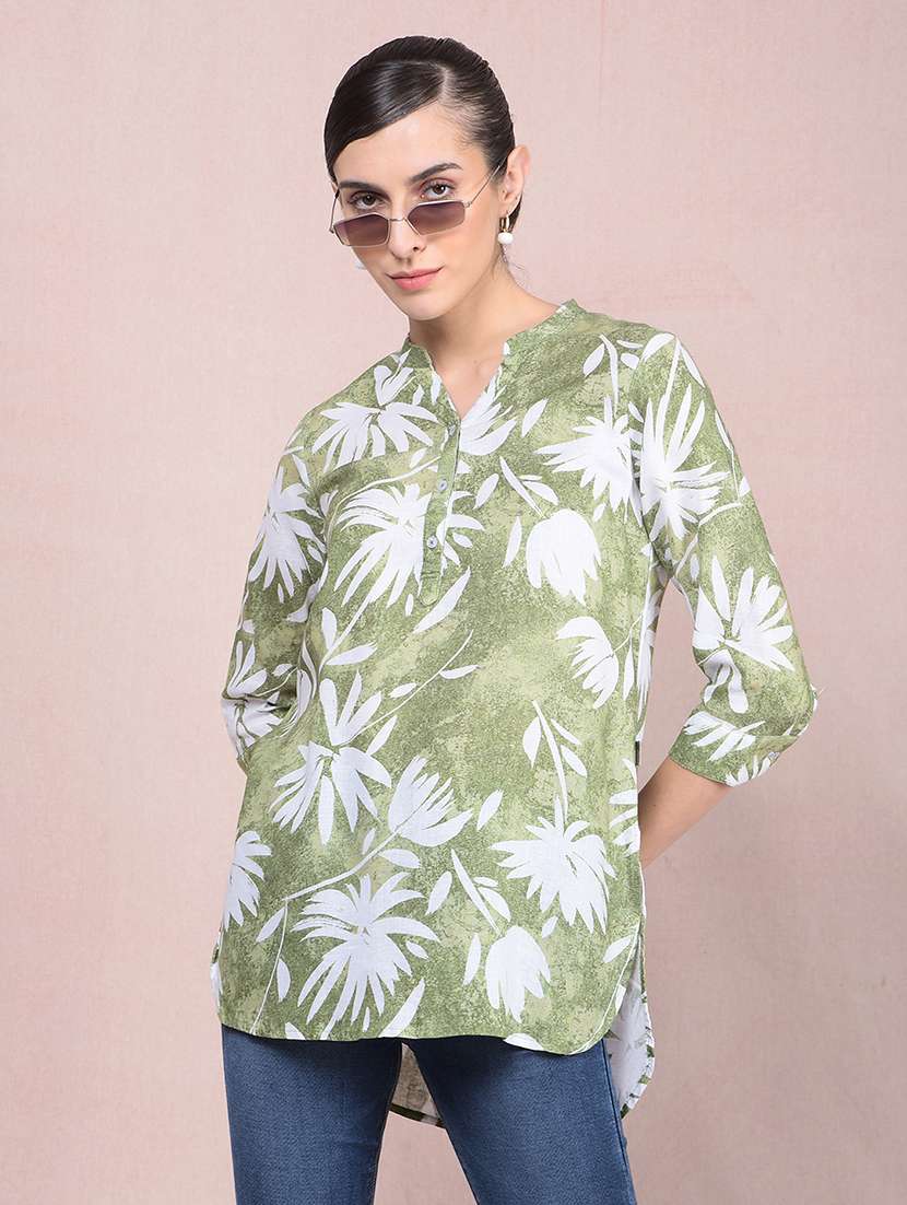 women printed mandarin neck high low kurti - 21854912 -  Zoom Image - 0