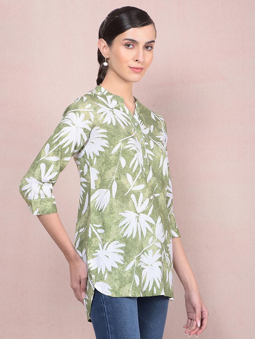 women printed mandarin neck high low kurti - 21854912 - Standard Image - 2