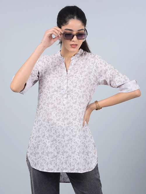 women printed mandarin neck high low kurti - 21854914 - Standard Image - 0