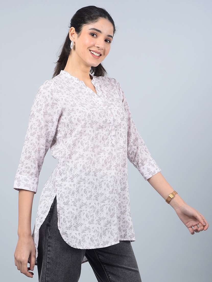 women printed mandarin neck high low kurti - 21854914 - Standard Image - 2