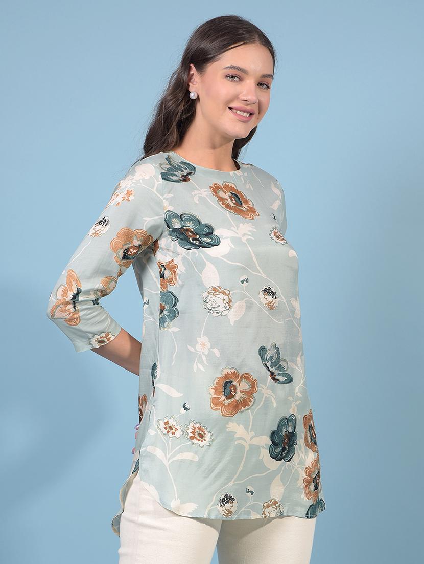 women printed round neck high low kurti - 21854915 - Standard Image - 2