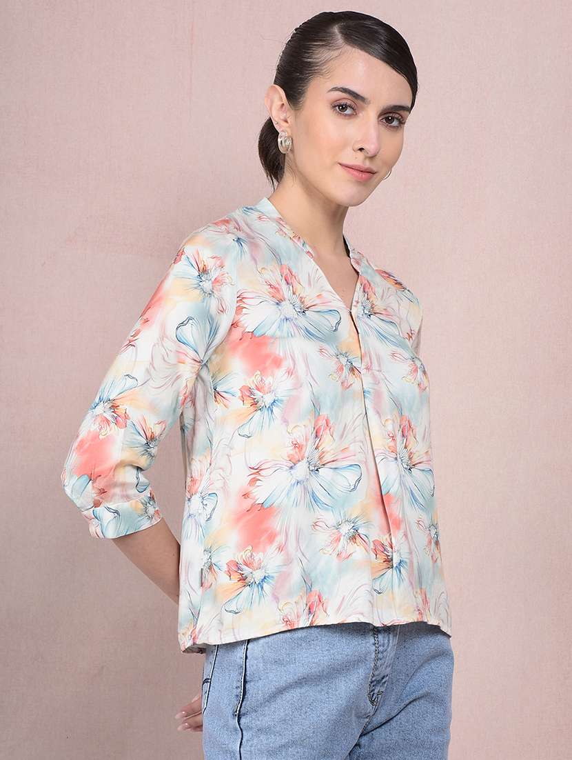 women printed mandarin neck regular top - 21854919 -  Standard Image - 2