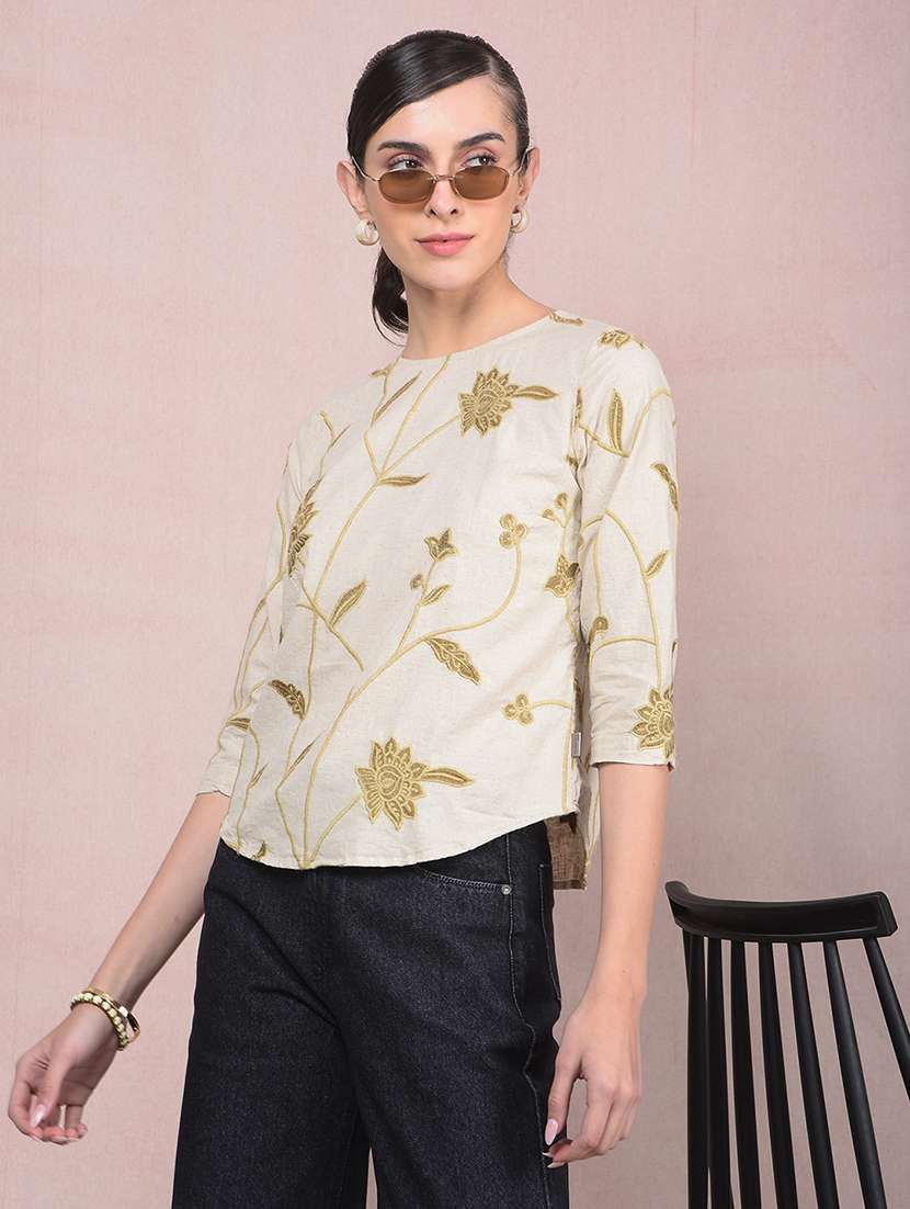 women embroidered three quarter sleeves regular top