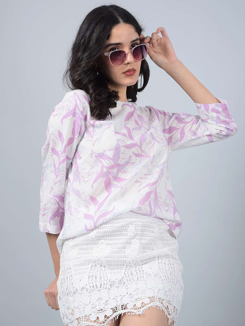 women printed round neck high low top