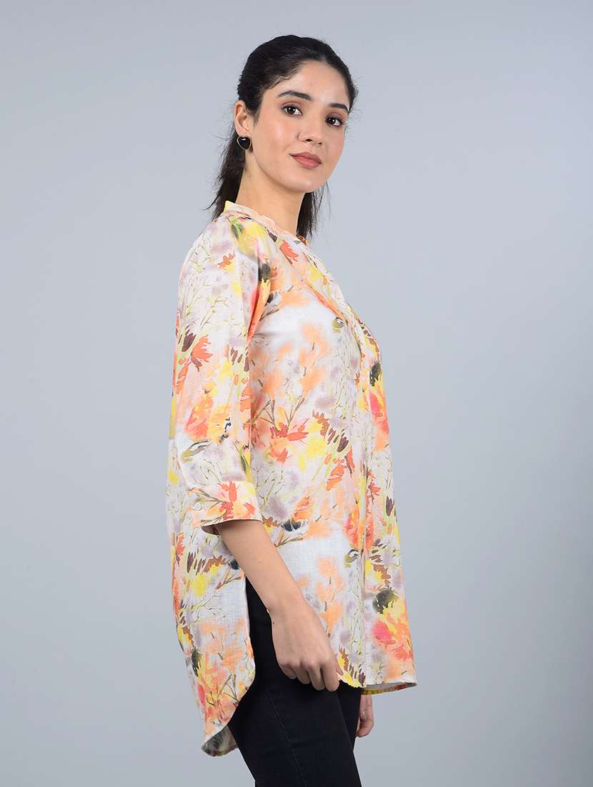 women printed mandarin neck high low kurti - 21854928 - Standard Image - 2