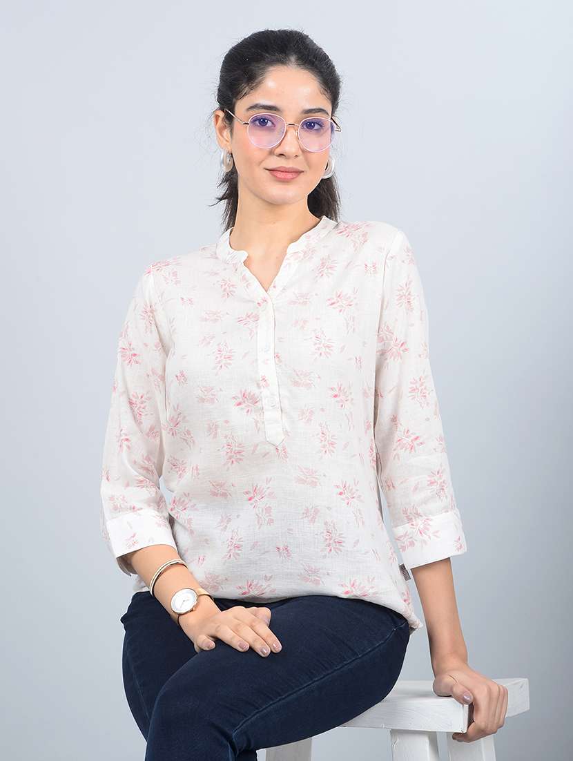 women printed mandarin neck high low top