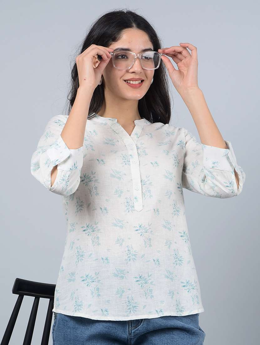 women printed mandarin neck high low top