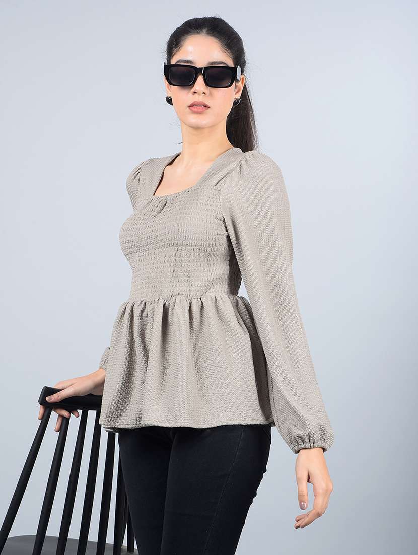 women smocked detailed puff sleeves peplum top