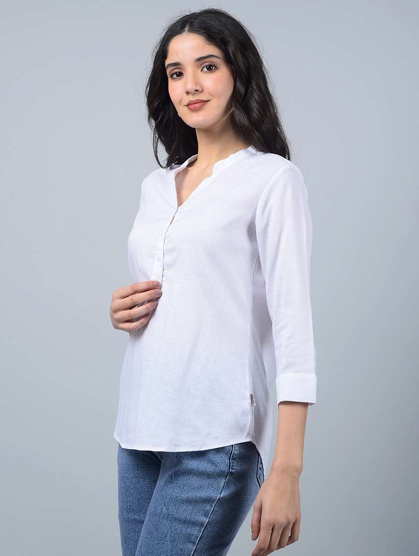 women solid mandarin neck high low top - 21854938 -  Standard Image - 2