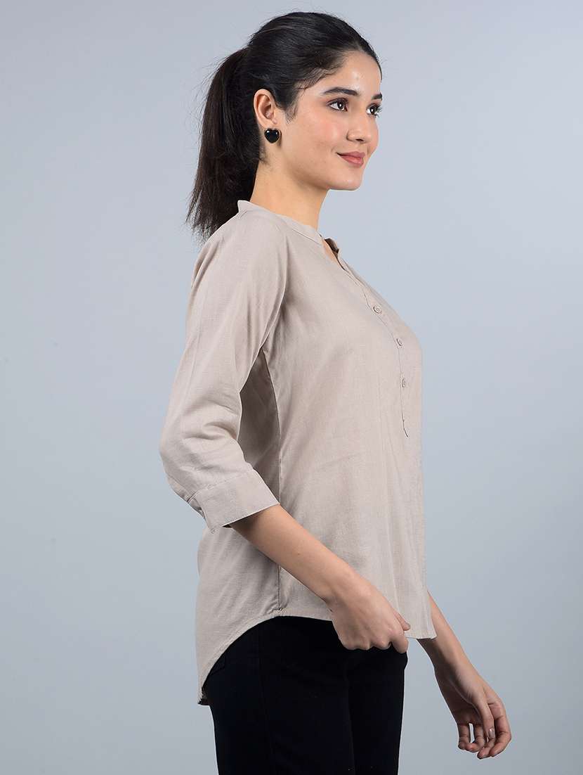 women solid mandarin neck high low top - 21854939 -  Standard Image - 2