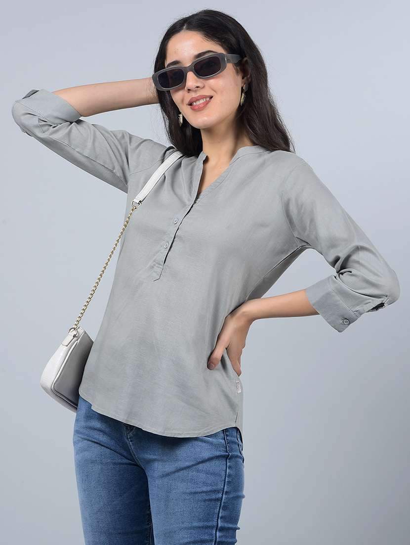 women solid mandarin neck high low top