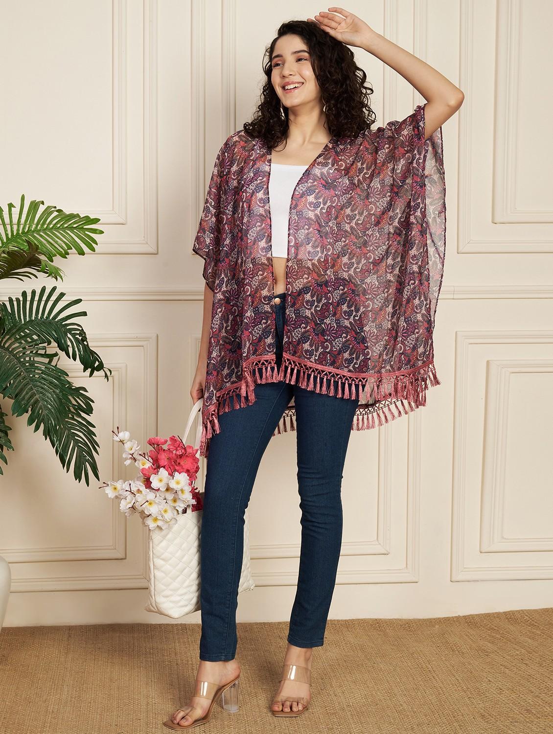 women printed fringed hem asymmteric shrug - 21854972 - Zoom Image - 0
