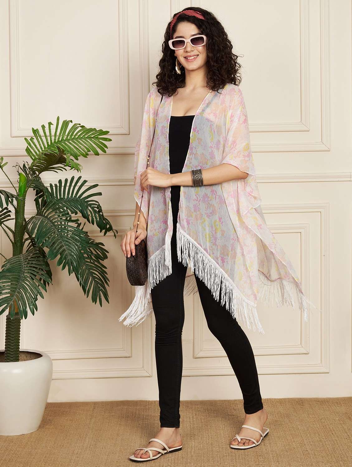 women printed fringed hem asymmteric shrug
