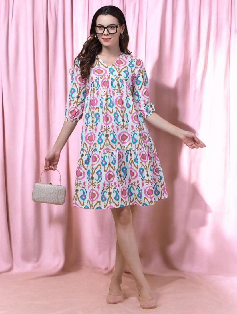women printed puff sleeves tiered dress