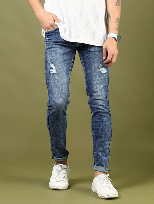 men's blue denim distressed slim fit jeans - 21855191 -  Standard Image - 0