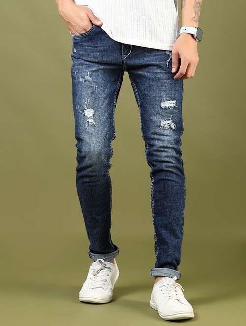 men's blue denim skinny fit distress jeans - 21855192 -  Standard Image - 0