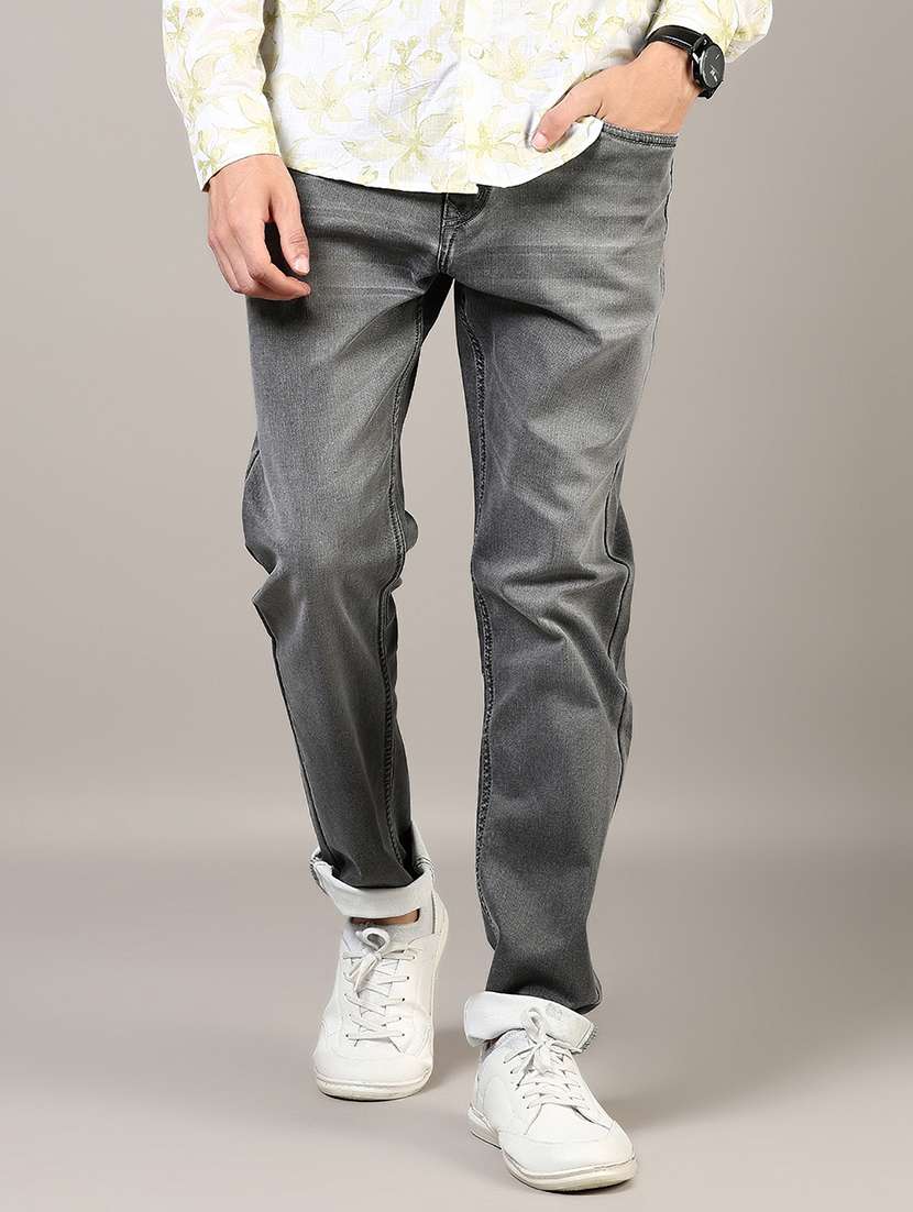 men washed mid rise full length denim jeans