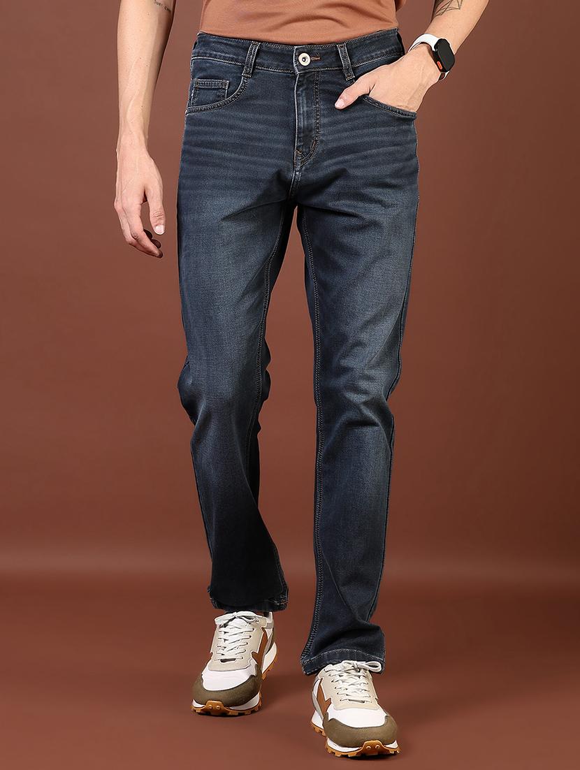 men washed mid rise full length denim jeans