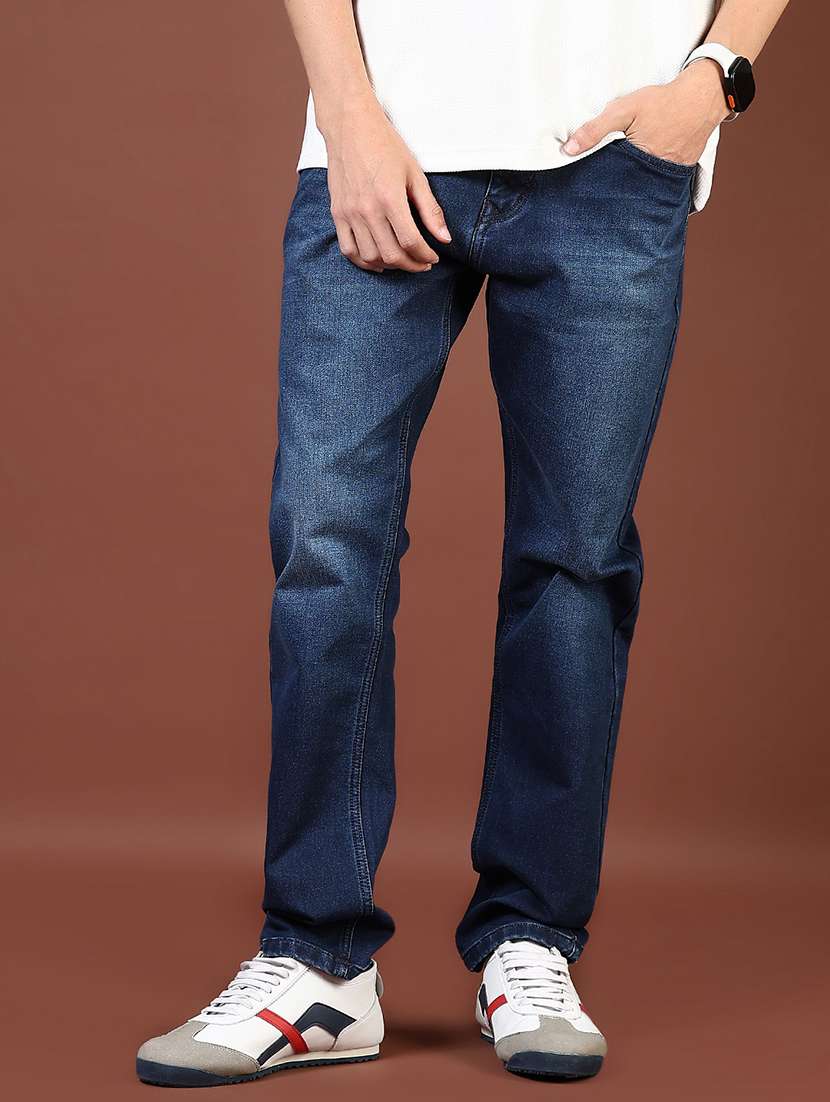 men washed mid rise full length denim jeans