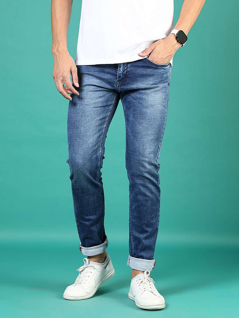 men washed mid rise full length denim jeans