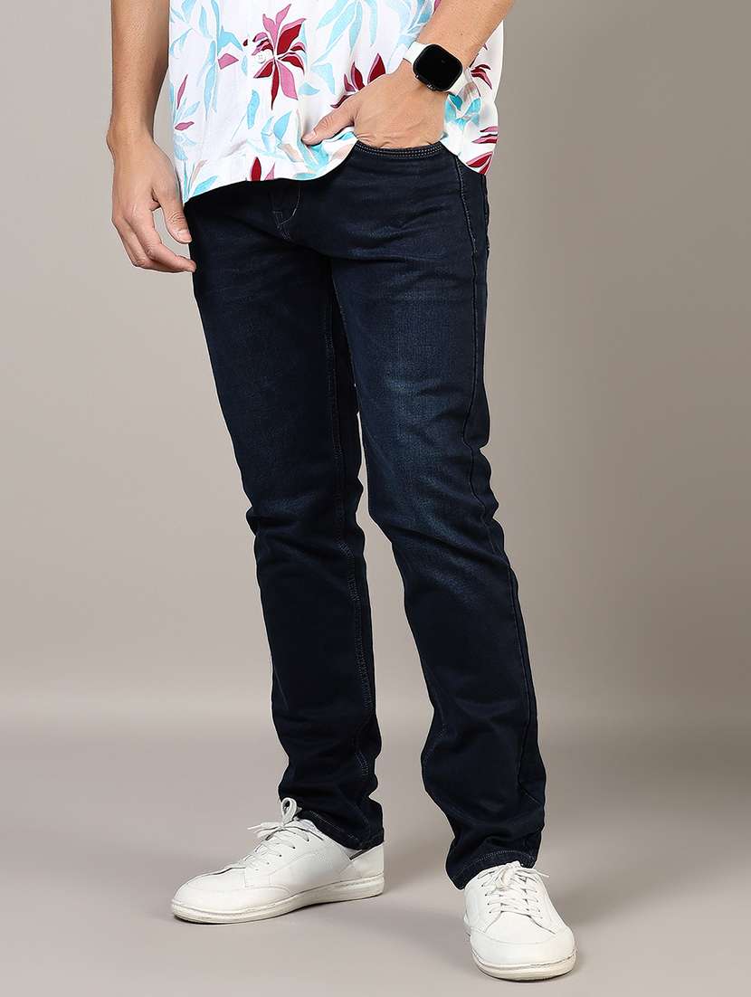 men washed mid rise full length denim jeans