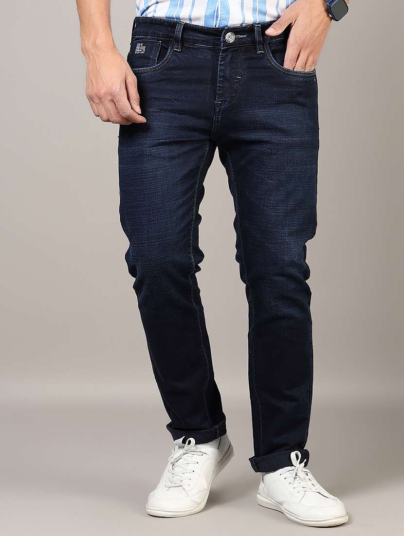 men washed mid rise full length denim jeans