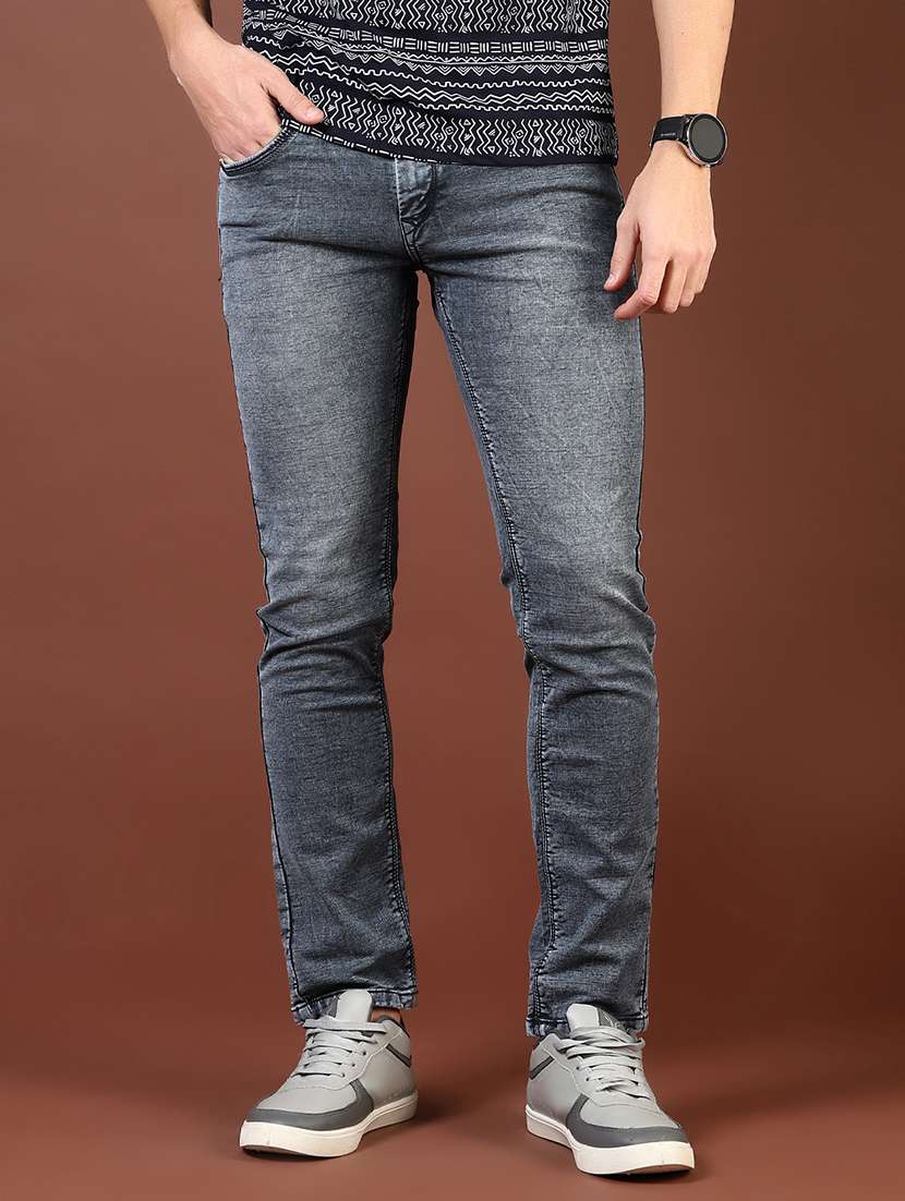 men washed mid rise full length denim jeans