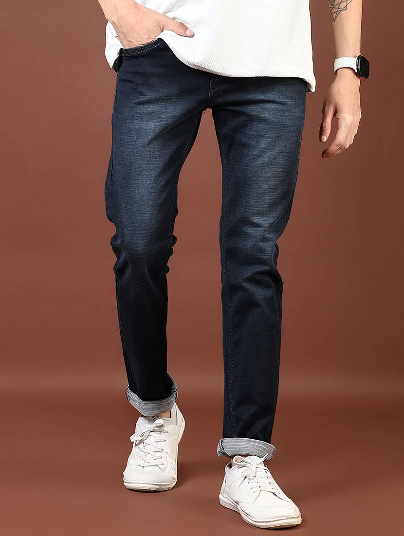 men washed mid rise full length denim jeans