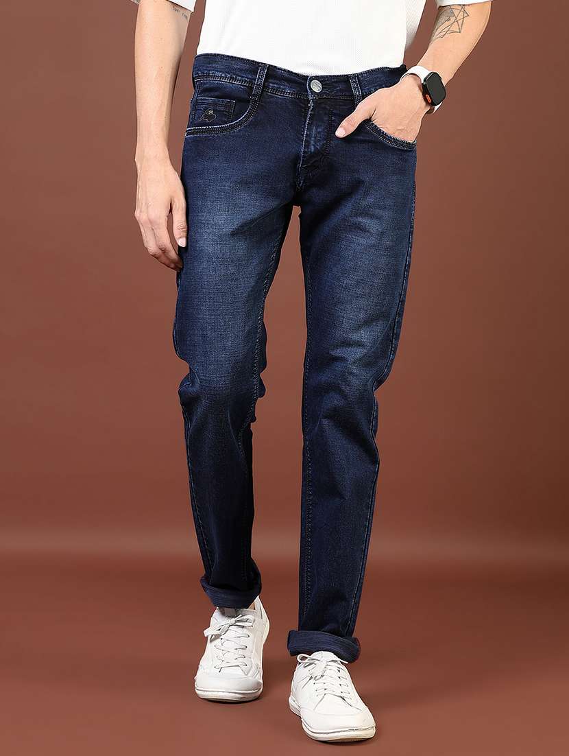 men washed mid rise full length denim jeans