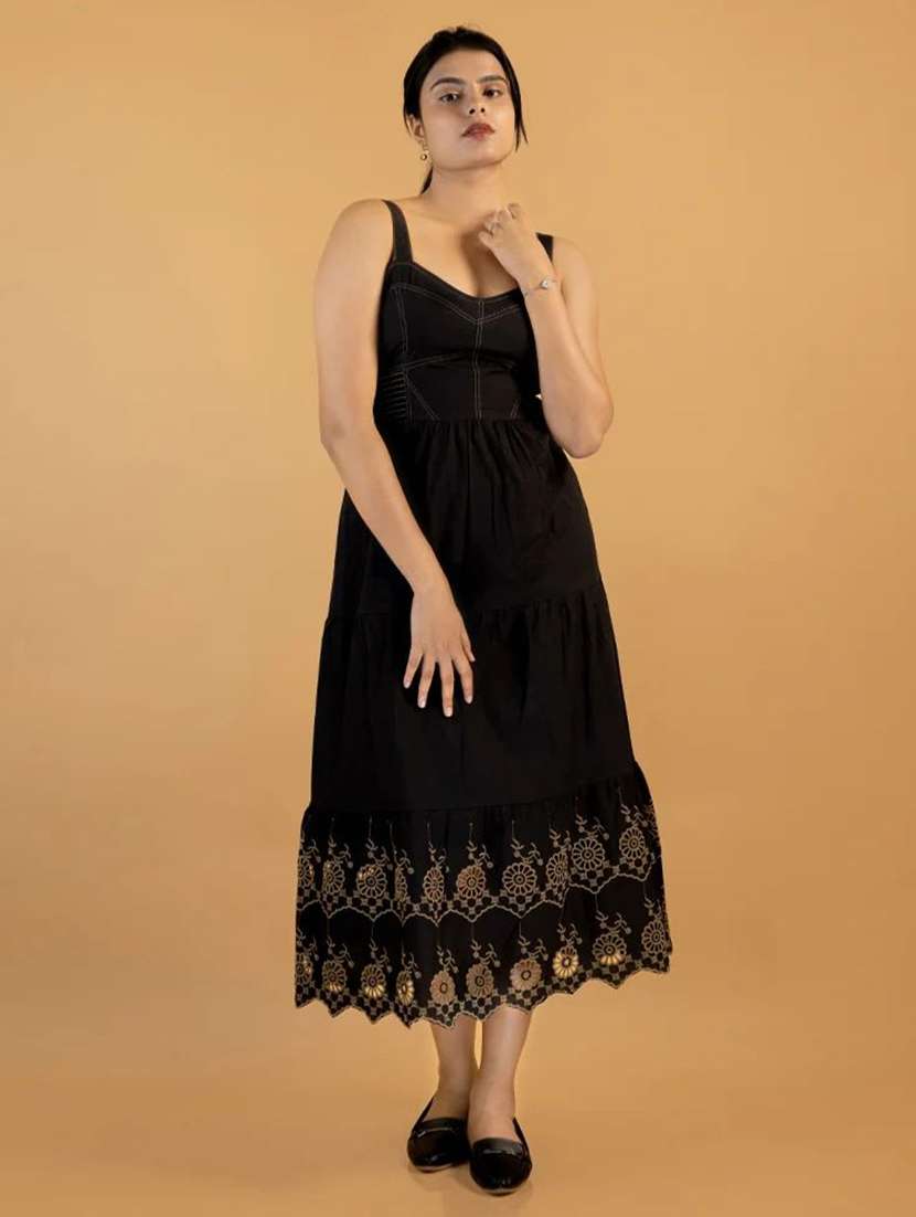 women embroidered shoulder strap tiered dress