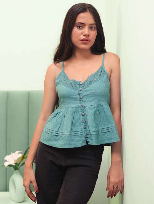 women solid shoulder strap peplum top - 21855465 - Standard Image - 0