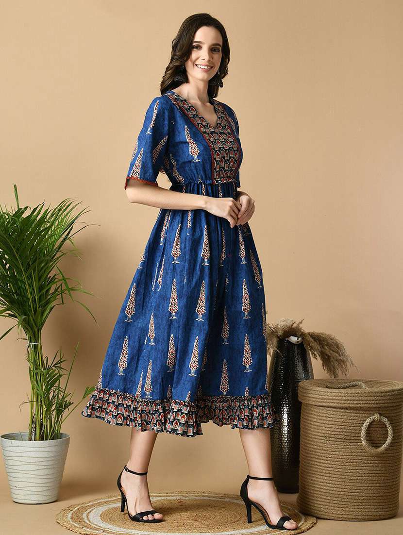 women blue printed fit & flare ethnic dress - 21855512 -  Standard Image - 2