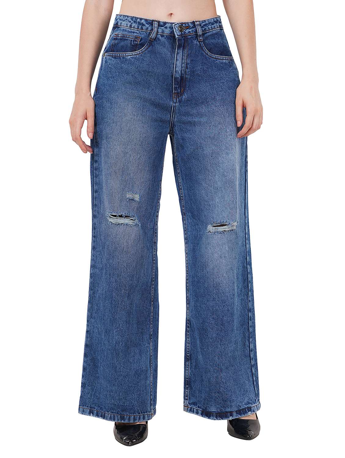 women distressed mid rise jean