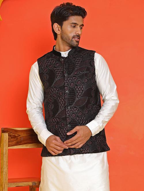 men embroidered mandarin neck nehru jacket - 21855573 - Standard Image - 0