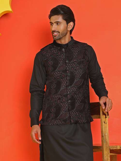 men embroidered mandarin neck nehru jacket - 21855580 - Standard Image - 0