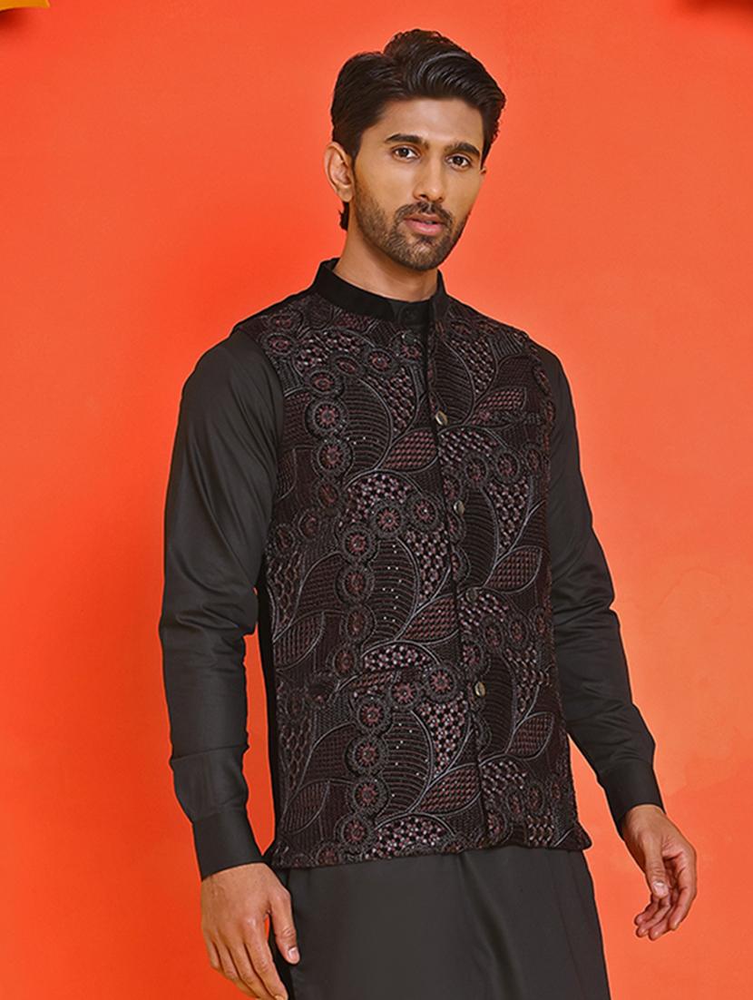 men embroidered mandarin neck nehru jacket - 21855580 - Standard Image - 2