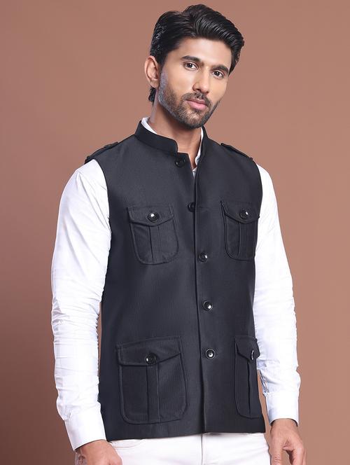 men striped mandarin neck nehru jacket - 21855581 - Standard Image - 0