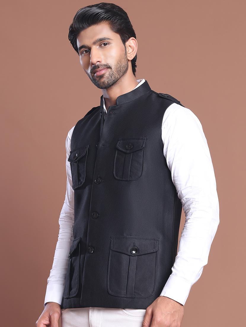 men striped mandarin neck nehru jacket - 21855581 - Standard Image - 2