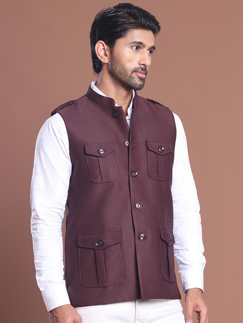 men striped mandarin neck nehru jacket - 21855582 - Standard Image - 2