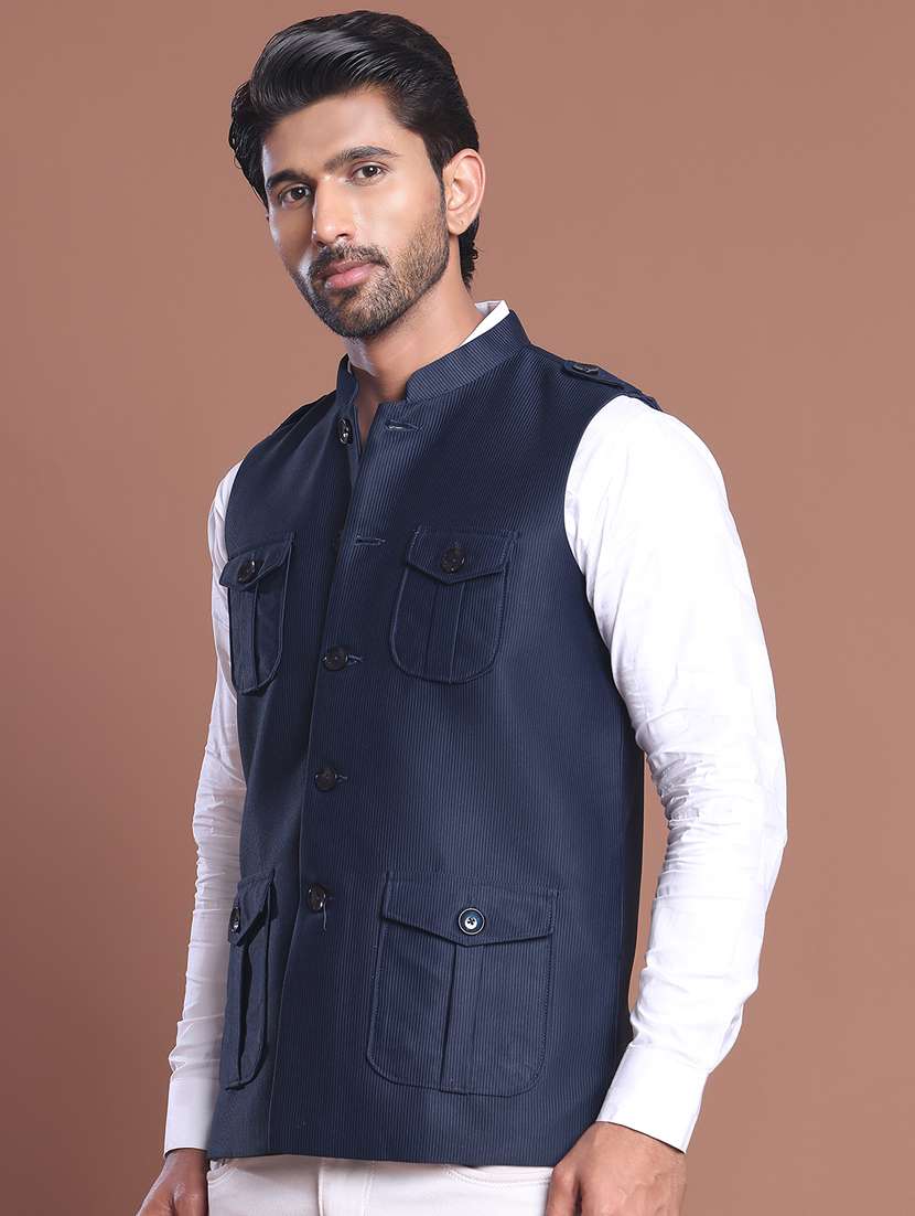 men striped mandarin neck nehru jacket