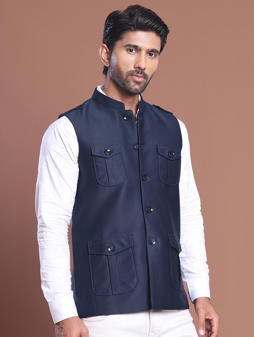 men striped mandarin neck nehru jacket - 21855583 - Standard Image - 2