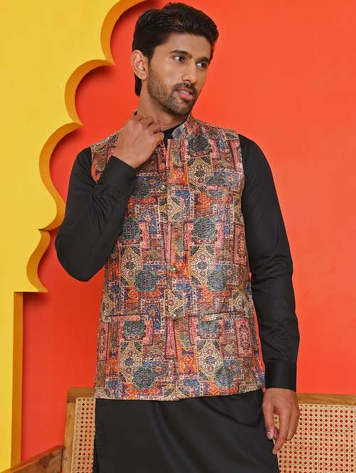 men embroidered mandarin neck nehru jacket - 21855587 - Standard Image - 0