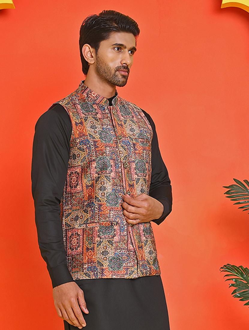 men embroidered mandarin neck nehru jacket - 21855587 - Standard Image - 2