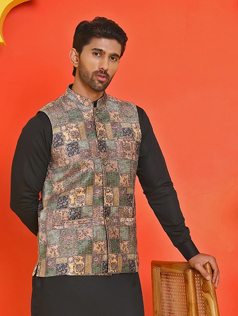 men embroidered mandarin neck nehru jacket - 21855588 - Standard Image - 2