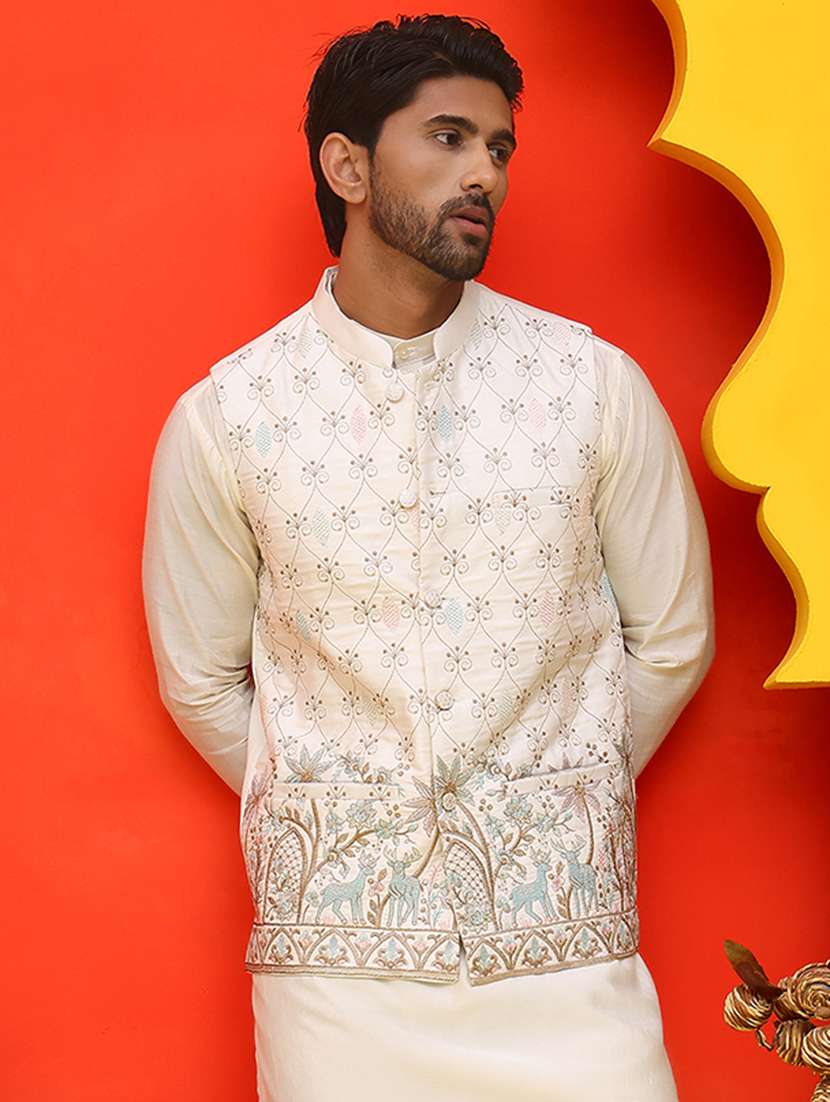 men embroidered mandarin neck nehru jacket