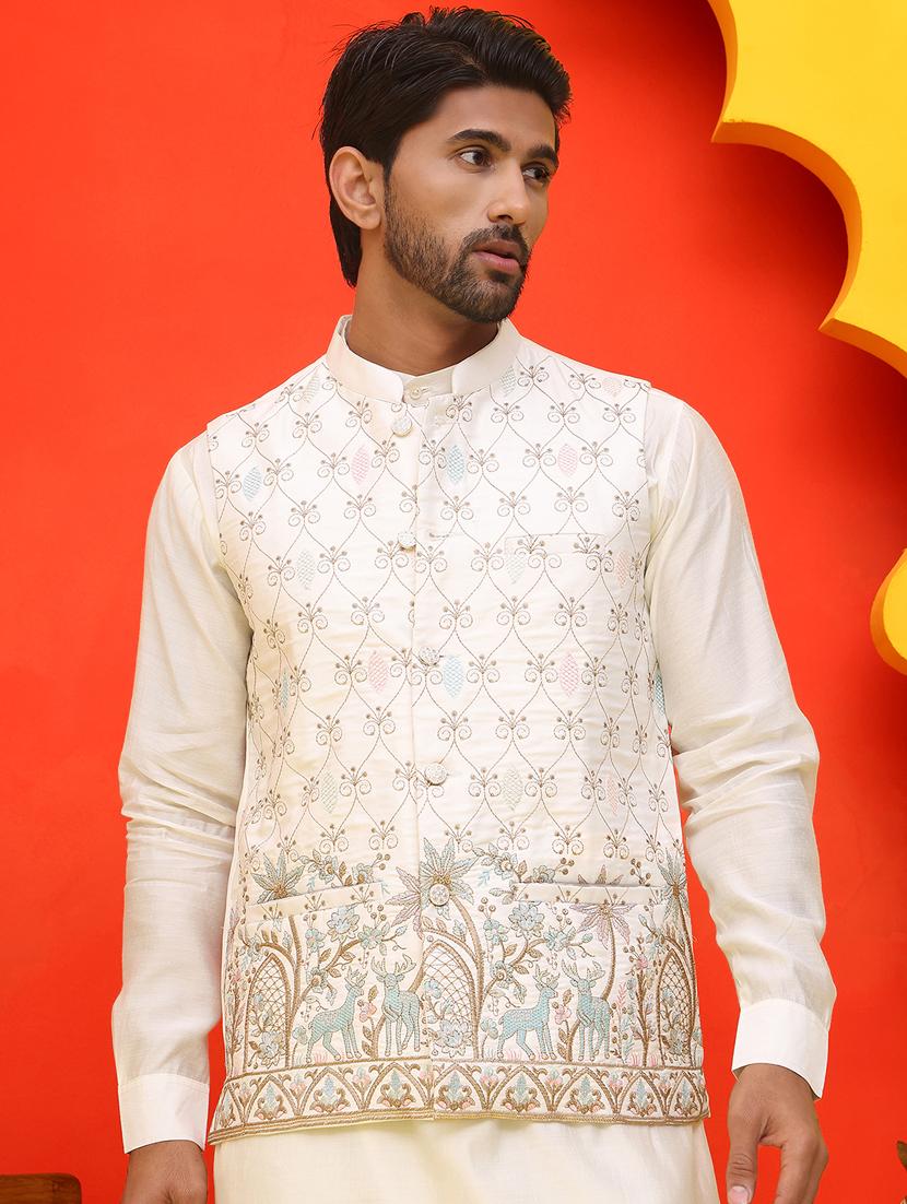 men embroidered mandarin neck nehru jacket - 21855590 - Standard Image - 2