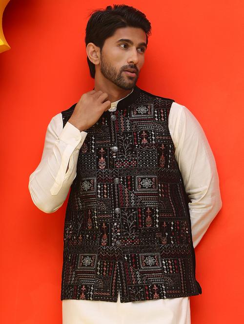 men embroidered mandarin neck nehru jacket - 21855591 - Standard Image - 0