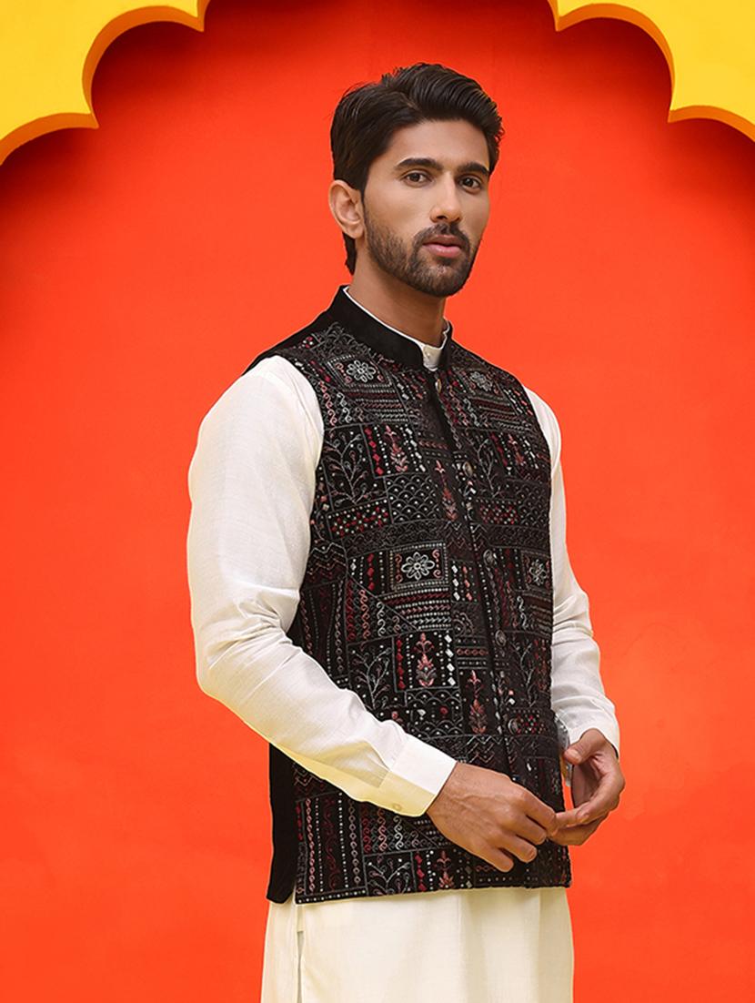 men embroidered mandarin neck nehru jacket - 21855591 - Standard Image - 2